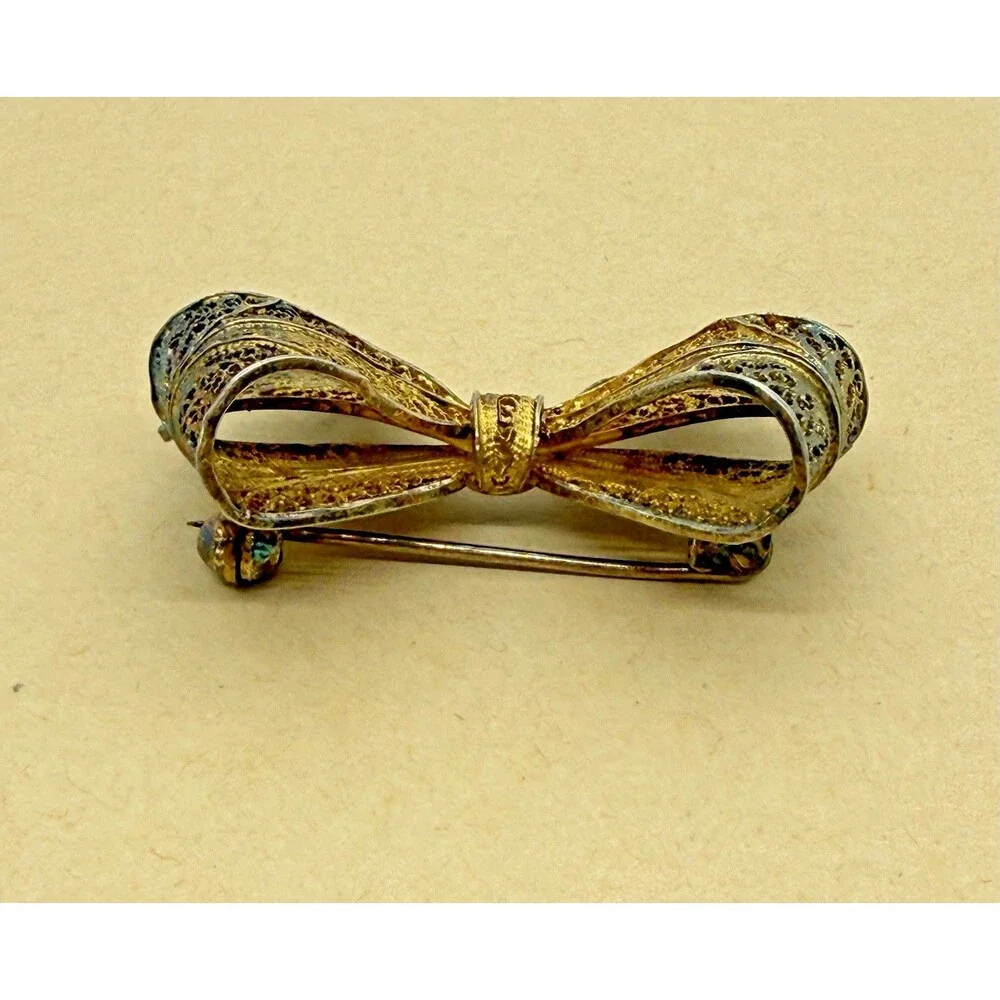 Vintage Sterling Silver Filigree Bow Brooch‎ Gold Wash Gilded Victorian Pin